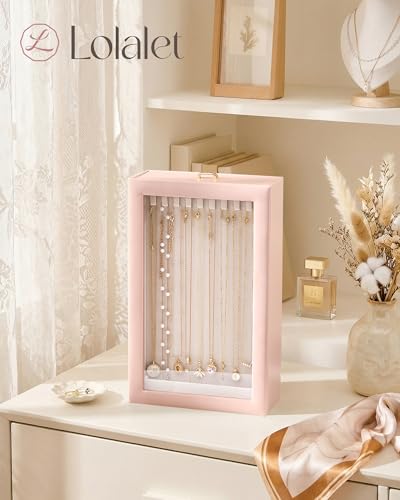 Lolalet Upgraded Double-Sided Hanging Necklace Organizer Box, Jewelry Display Case with Double-Sided Clear Window for Necklaces Bracelets, Tangle-Free Necklace Storage Box, Pink, 1-Layer 20 Hooks - color: Pink, size: 1-Layer, 20 Hooks
