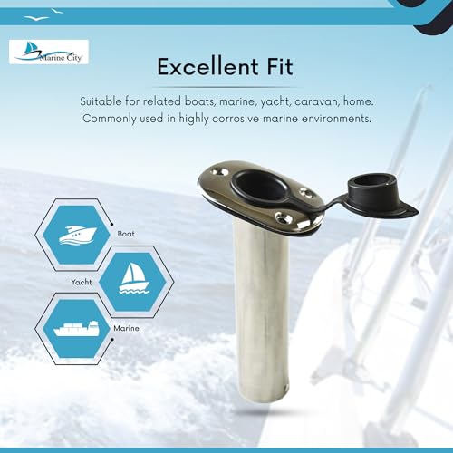 MARINE CITY Heavy Duty Stainless Steel Flush Mount Rod Holder and PVC Liner with Cap and Gasket 15 Degree for Marines – Boats – Yachts – Kayaks (Pack of 1)