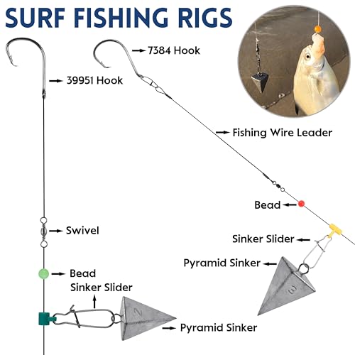 129pcs Surf Fishing Tackle Kit Fish Finder Rig Surf Fishing Rigs Include Pyramid Sinker Weights Sinker Slider Wire Leaders Hooks Swivels Beads Foam Floats Saltwater Fishing Accessories