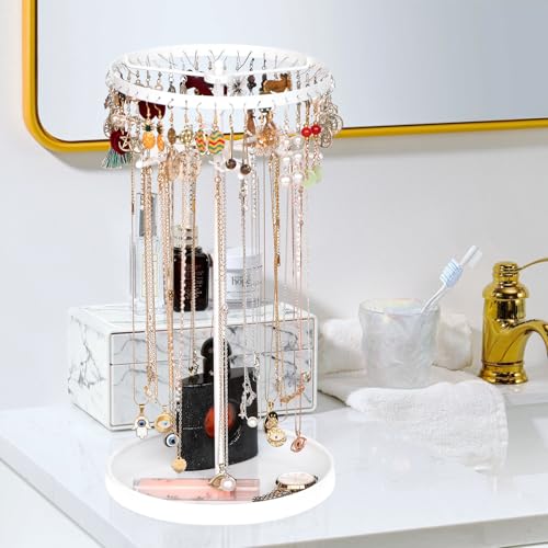 360 Rotating 2-Tier Jewelry Organizer Stand, Large Earring Holder Organizer with 48 Holes for Studs，24 Prongs for Necklaces, Wide Base for Bracelets, Watches, Lipstick, Jewelry Display Stand for Women - color: Metal,2-Tier,White
