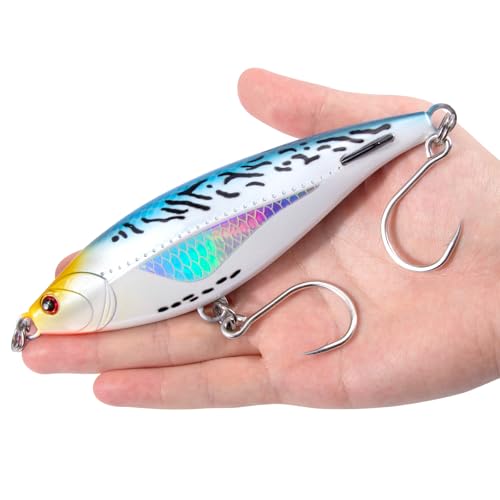 Alwonder High Speed Trolling Lures Saltwater Fishing Lures 6"/3oz Sinking Twitch Bait 7/0 Hook Deep Diving Jerkbait Fishing Plug Offshore Lure for Tuna Striper Mackerel - color: Chrome Blue Mackerel
