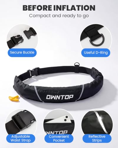 Owntop Manual Inflatable Belt Pack, Adults Swim Jacket with Blowpipe & Whistle, 24g CO2 Cylinder Included, Low Profile for Kayaking, Fishing, Paddle Sports - color: Black, size: One Size