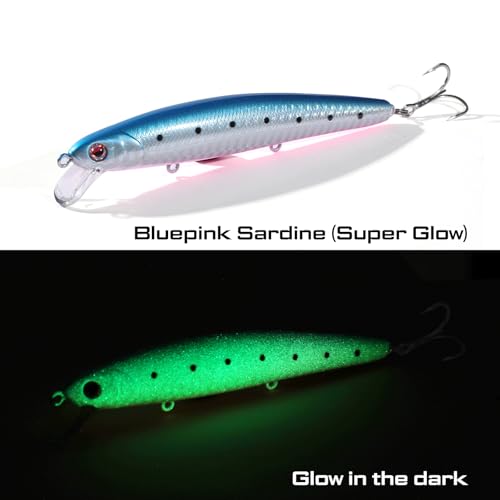 LITTMA California Surf Fishing Lures Saltwater Jerkbait Crankbait Surf Minnow 110/125 - Metallic Sardine Super Glow & Pearl Pink Belly Glow Lures for Halibut & Striper Fishing - color: Bluepink Sardine (Super Glow), size: 110mm - 5/8oz