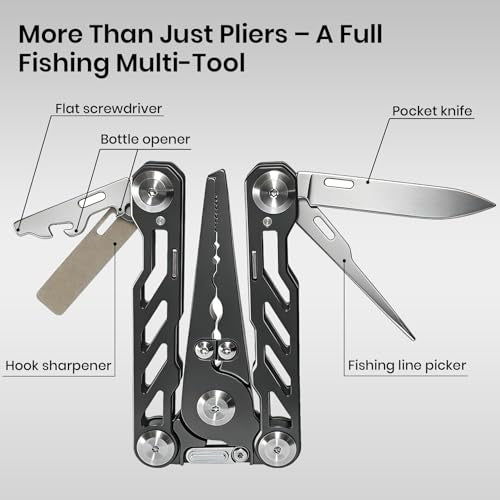 Pristis Foldable Fishing Pliers with Multitools, Saltwater Resistant Titanium Coated Stainless Steel, Portable Full-Sized Forceps with Tungsten Line Cutter, Ring Splitter, Hook Remover and Multi Tool