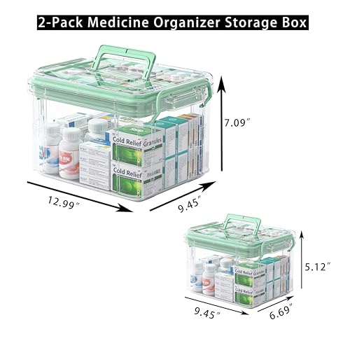 UFI Clear Medicine Storage Box with Lids, 2 Pack Portable First Aid Organizer with Handle, Stackable Storage Containers for Family Medical Supplies, Bathroom, Bedroom, Office(GREEN)