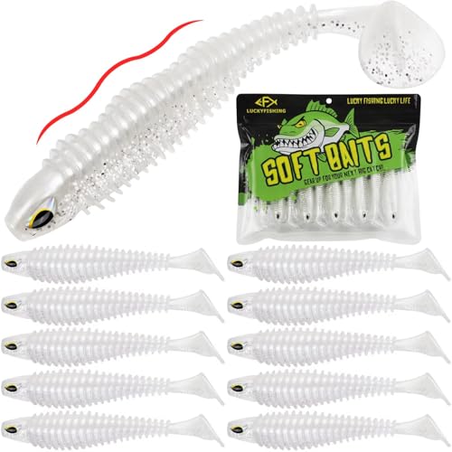 LUCKYFISHING Paddle Tail Swimbaits 10/16/20 PCS Fishing Lures Soft Plastic Lures for Trout Crappie Walleye Soft Baits for Bass Fishing Freshwater Saltwater 4.1/3.5/3/2.5 Inch - color: Pearl White, size: 4.1 inch-10pcs