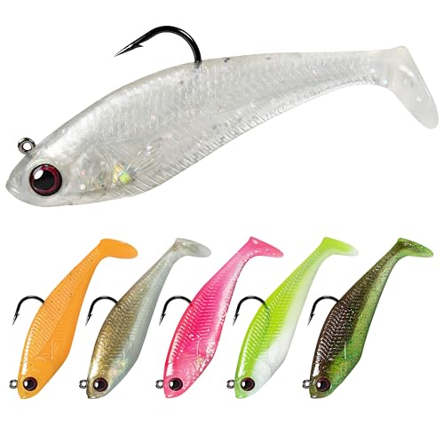 Pre-Rigged Soft Fishing Lures with Weedless Hook, Lifelike Paddle Tail Swimbaits for Bass Fishing, Freshwater & Saltwater Curly Type Tail Soft Plastic Baits for Bass, Pike, Trout, and Walleye. - color: A1-2.75"-0.4oz