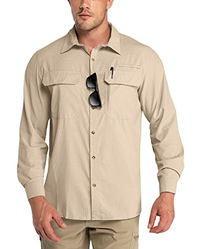 Outdoor Ventures Men's UPF 50+ UV Sun Protection Shirt, Long Sleeve Hiking Fishing Shirt Cooling Quick Dry for Safari Travel - color: Khaki, size: XX-Large