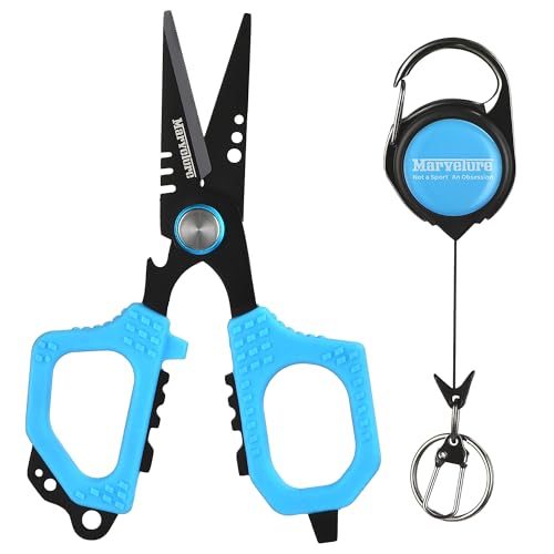 Pro Fishing Shears 4.7'' (12 cm), Dual Serrated Blades, Titanium-Coated Braided Line Scissors with Non-Slip Grip & Multifunction Tool, Includes Zinger Retractor (Blue, 4.7'' (12 cm)) - color: Blue