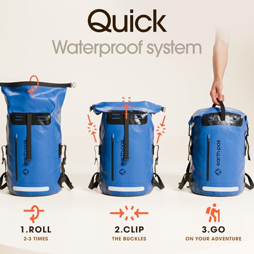 Earth Pak Waterproof Backpack - Heavy Duty Hiking Backpack - Roll-Top Closure Bag - Cushioned Dry Bag Waterproof Phone Case - color: Blue, size: 55L