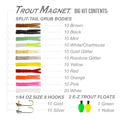 Trout Magnet Original 142-Piece Trout Fishing Gear Kit - 120pc Grub Lures with Neon Bait, 20 Hooks, 2 Floats - High Grade Trout Magnet Kit for Freshwater and Saltwater Fishing