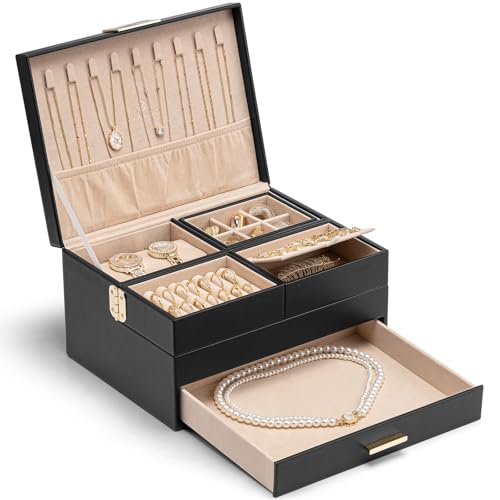 VLANDO 3 Layer Jewelry Box - Women Jewelry Box with Retractable Tray - Jewelry Organizers with Drawer for Necklaces, Rings, Bracelets, Earrings, Gift for Couples Mom Girls - Black - color: C.Black, size: 3-Layer
