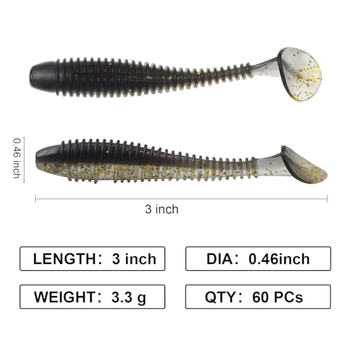 Paddle Tail Swimbaits, 2.5 inch/3inch Soft Lures Fishing Trout Crappie Bass for Freshwater and Saltwater 75PCS/60PCS - color: Black Crystal Translucent, size: 3 inch, 60 PCs