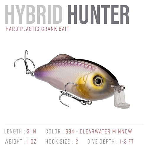Strike King Hybrid Hunter Shallow Jr. Fishing Lure, Shallow Diving Crankbait, 90-Degree Bill, 3D Eyes, Loud Rattle, Dives 1 to 3-Feet,Size 4 & 6 Treble Hooks - color: Clearwater Minnow, size: 1 oz