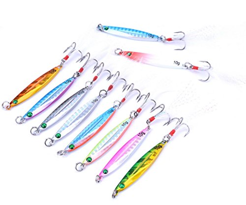 Aorace 10pcs Hard Metal Jigs Diving Sea Fishing Lures Minnow Popper Baits Tackle Crankbait Saltwater Freshwater Lures with Feather - color: 10pcs 5.5cm/10g