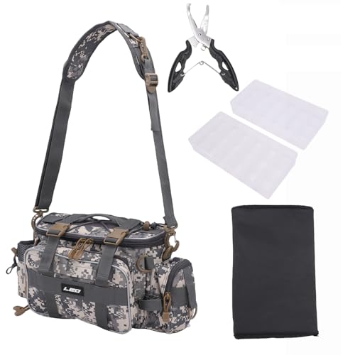 Fishing Tackle Bag with 2 Storage Boxes - watertight Shoulder Bag with Adjustable Straps, 23-Tray Organizer for Lures, Hooks & Fishing Gear Accessories (Camo) - color: Camo