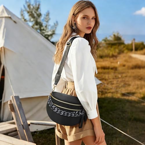 Crossbody Bags for Women, Checkered Bum Bag Crossbody, Spacious Nylon Shoulder Handbag Mom Bag (black+glossy black chain) - color: black+glossy black chain