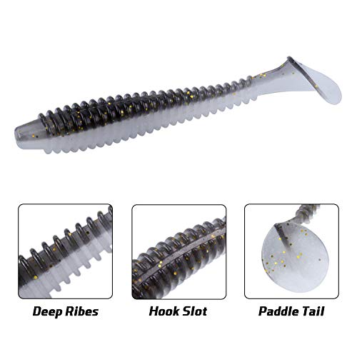 RUNCL Swimbaits Paddle 10/20/30/40PCS, 5/4/3/2 Inchs Paddle Tail, Soft Lure for Trout Crappie Bass, Durable Plastic Bait Swimmer for Saltwater/Freshwater, Fishing Lover's Gift - color: Shadow Gold, size: 3in, 30pcs