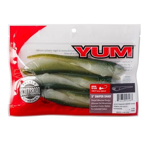 YUM Sniper Shad Soft Plastic – Realistic Minnow Bass Fishing Lure, Jig Head & Underspin Trailer, 3” 4” 5” Sizes, Multiple Colors - color: Tenkiller Gold, size: 5"