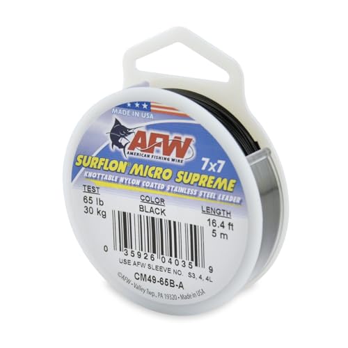 American Fishing Wire Surflon Micro Supreme Nylon Coated 7x7 Stainless Steel Leader Wire - Knottable Wire Leaders for Fishing Saltwater, Fly Fishing, 13lb Test - 90lb Test, Bright, Black & Camo Colors - color: Black, style: 5 Meter, 65 Pound Test