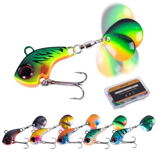 Goture Fishing Lures VIB Tail Spinners Bait Set, Two-Way Spinning Spoon System with Kona Treble Hook, Fixed Tube Anti-Tangle, 3D Eyes Sinking Lures with Tackle Box, Fishing Jigs Fishing Spinner Blade - color: B: 1/4 oz - 6 Pcs with Box