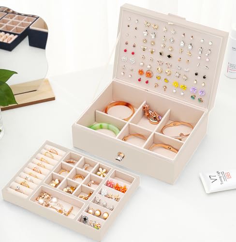 QBestry Girls Jewelry Box Earring Holder Organizer for Girls Jewelry Organizer Box Stud Earrings Organizer for Girl Womens Beige Jewelry Box for Earrings and Necklaces Rings Stud Earring Box for Teen - color: Beige, size: Medium