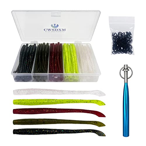 Worm Soft Plastic Bait Kit 100PCS 4 inch Worms Fishing Lures 100PCS O-Rings and Wacky Rig Tool Fishing Worms for Bass