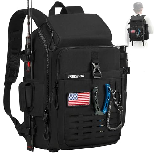 Piscifun Fishing Tackle Backpack with Rod & Gear Holder, Lightweight Outdoor Water-Resistant Fishing Shoulder Storage Bag with Protective Rain Cover, Black - color: Black, size: Large