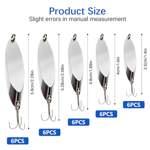 Fishing Lures Spoons, Trout Lures 5pcs/30pcs Hard Metal Spinner Bass Baits 5 Sizes Casting Spoon Hooks for Salmon Bass in 1/5oz 1/4oz 3/8oz 1/2oz 3/4oz - color: 30PCS-7g/10g/14g/18g/21g