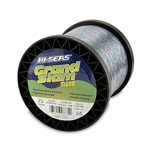HI-SEAS Grand Slam Monofilament Fishing Line - Strong & Abrasion Resistant in Clear, Pink, Green, Smoke Blue, Fluorescent Yellow Freshwater & Saltwater - 2 lb Spool - color: Smoke Blue, style: 50 Lb Test, 0.70 Mm Dia, 2120 Yd
