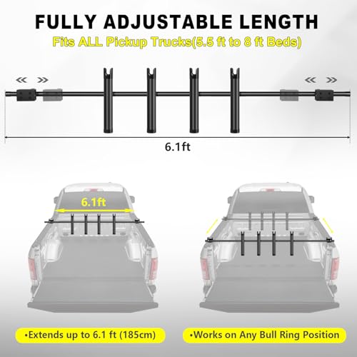 Inshore Rod Holder for Truck Bed, Fixed Truck Bed Fishing Rod Rack, Adjustable Rod Holder for Truck & SUV, Gifts Ideas for Men (Aluminum Body with Plastic Rod Bracket-Tension Rod) - color: Aluminum Body-D Rings