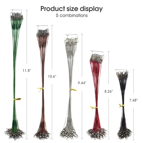 Stainless Steel Fishing Wire Leaders, Black Coated & Uncoated Options, Heavy Strength 31–100LB, 6–21in Multi Sizes with Rolling Swivels Snaps for Salt Fresh Water Shark Pike Barracuda - color: 7in/8in/9in/10in/11in-100pcs(31LB)