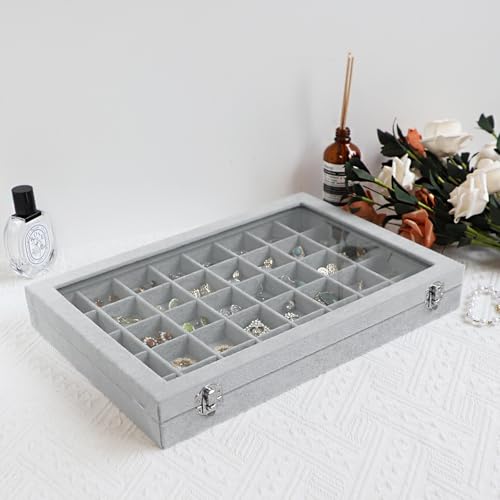 Wudygirl Jewelry Organizer Velvet Jewelry Box 40 Grid Earring Holder Organizer with Lid Ring Holder Ring Display Case Adjustable (Gray) - color: Gray, size: 40 Grid