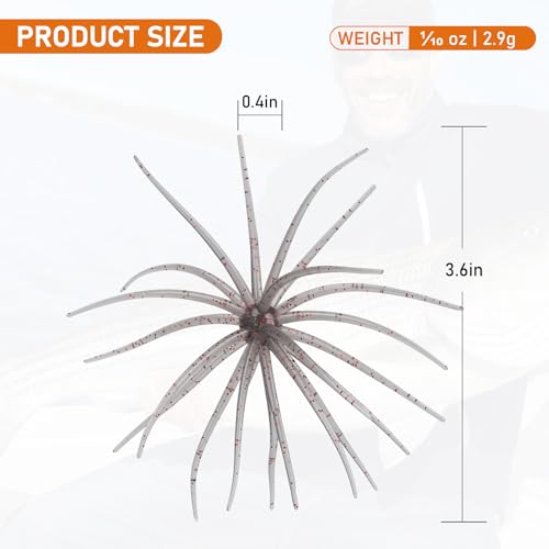 QualyQualy Urchin Bait for Bass Fishing, Floating TPE Creature Lures - 2.5'' / 3.6''/ 4'' /5.1'' Multi-Tentacle Soft Plastic Bait for Bass, Walleye, Pike - color: #03 Light Grey, size: S-10pcs