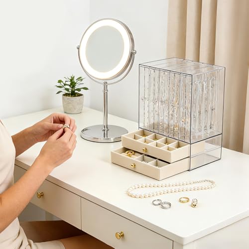 Greenfeather Jewelry Organizers and Storage, Clear Acrylic Jewelry Box with 40 Necklace Hooks 120 Pairs of Earring Holes 2 Velvet-Lined Drawers for Rings Necklaces Earrings - color: Off-White-Style A