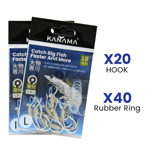 KANAMA Luminous Live Shrimp Hooks - High Carbon Steel Fishing Hooks Saltwater Corrosion Resistant Barbed Strong Hooks Freshwater Shrimp Walker, Ideal for Bass, Groupers, Pike, Catfish & More - size: L ×20