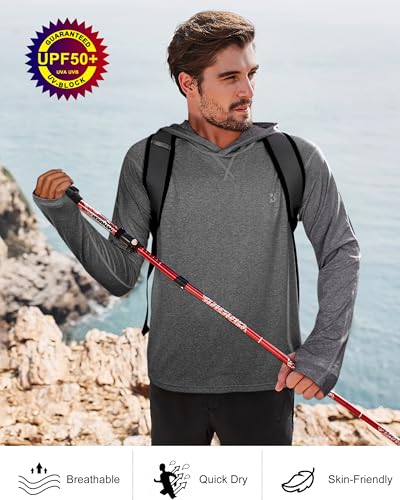 Roadbox Mens UPF 50+ Fishing Shirts, Long Sleeve UV Sun Hoodie, Hiking Running Swim Athletic Workout Shirt - color: A02-deep Flower Gray, size: Small