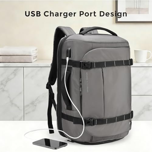 Swissdigital Design Travel Backpack 40L,TSA Friendly Flight Approved Carry-on Luggage Hand,with USB Charging Port Large Weekender Bag Fits 17 Inch Laptop Backpack Grey | SD1756-02 - color: Grey