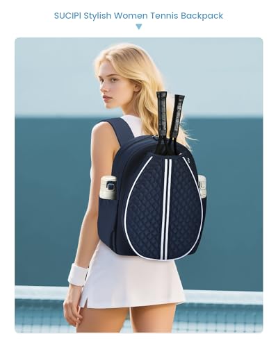 Sucipi Tennis Bag, Quilted Tennis Sling Crossbody Backpack, Water Resistant Tennis Racket Bags for Women Men, Suitable for Pickleball Tennis Badminton - color: Navy Blue, size: Large