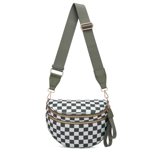 Pure Colour Crossbody Bum Bags for Women Spacious Checkered Cross body Bag Nylon Trendy Fanny Pack for Travel - color: Beans Green Checkered