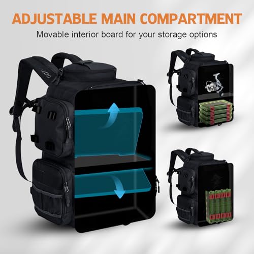 Goture Fishing Backpack, 58L 900D Water-Resistant Insulated Tackle Backpack with Cooler, Rod Holders, 8 Lure Pockets, Detachable Crossbody Bag, Gear Storage Large Fishing Bag for Camping Hiking - color: Black