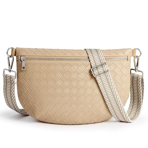KALIDI Woven Crossbody Bags for Women Travel Vegan Leather Fanny Packs for Woman Cross Body Purse Fashion Belt Bum Bag with Wide Strap - color: Light Khaki