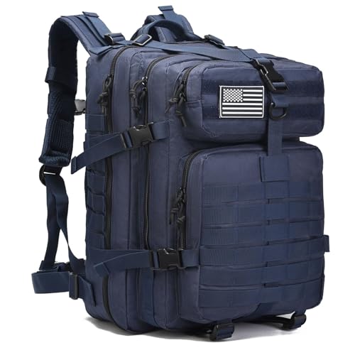 Tactical Backpack for Men, 45L Military Gym Backpacks, Large 3-Day Assault Pack Bug Out Bag MOLLE Daypack for Rucking Fishing Camping (Dark blue) - color: Dark Blue