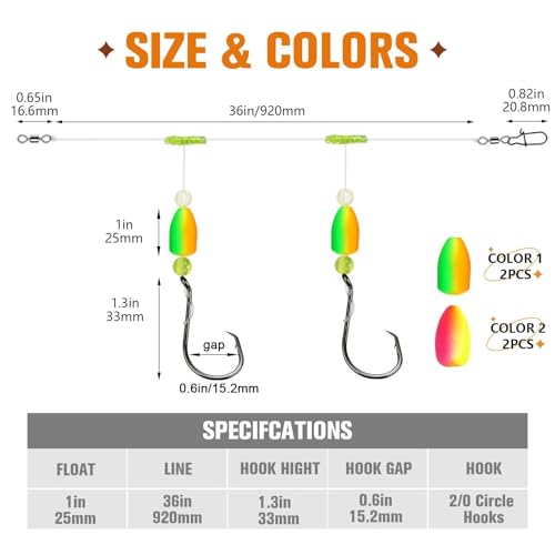 Dovesun 10PCS/4PCS Pompano Rigs for Surf Fishing Saltwater Fishing Rigs with Floats and Beads Unique Double-Line T-Knot Pre-Rigged Surf Fishing Gear & Tackle with Circle Hooks - color: Bullet Float(2colors)*4PCS, size: 2/0 Hook