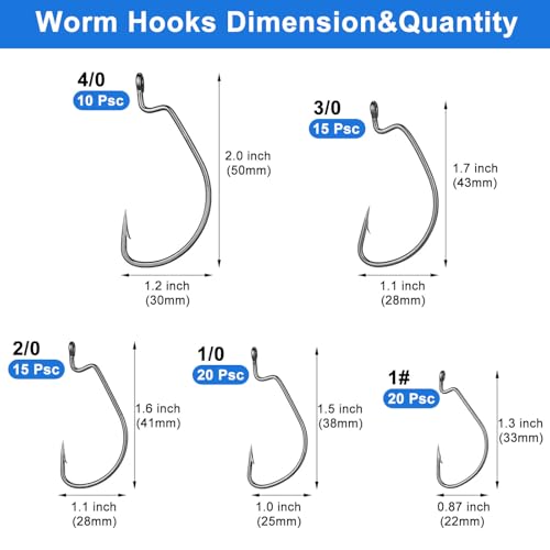 80PCS High Carbon Steel Bass Fishing Hooks, Weedless Worm Hooks, Wide Gap Hook, Gear for Catfish, Trout, Bass, Octopus, Freshwater & Saltwater Fishing Kit #1 1/0 2/0 3/0 4/0