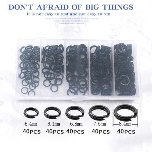 200PCS Heavy Duty Stainless Steel Split Rings, Double Fishing Lure Rings, 5 Sizes 5.4-8.4mm, 40-150LB (Black) - color: Black