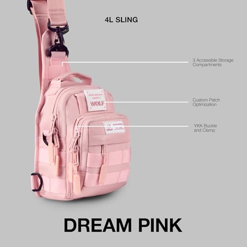 WOLFpak 4L Mini Tactical Sling Bag (Dream Pink) Compact Crossbody Backpack for Gym, Travel & EDC | Tactical Shoulder Bag with Multiple Pockets – Lightweight, Durable Sling Pack for Men & Women - color: Dream Pink