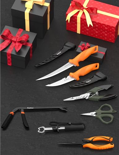 5PC Fishing Tool Kit - Fillet Knife, 2PC Fishing Pliers,Fishing Braid Scissors and Fish Lip Gripper, Fishing Gear for Fly Fishing, Ice Fishing - color: 7PC+Multicolor