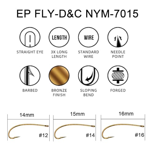 Eupheng Fly Fishing Hooks 100pc Pack Micro Barbed High Carbon Steel Bronze Forged for Dry Flies, Curved Nymphs, Shrimp,Caddis Pupa - color: EP FLY-D&C NYM-7015, size: #14