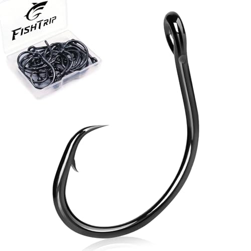 FishTrip 25pcs Circle Hooks Saltwater, in-Line 5X Strong Fishing Hooks for Saltwater & Freshwater, Live Bait Non-Offset Wide Gap Fish Hook for Catfish, Striped, Bass, Salmon, Mackerel, Tuna - size: Saltwater Kit_80pcs